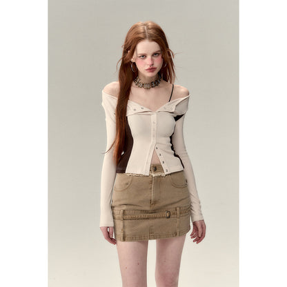 Via Pitti Color Blocked Waist-In Button Slim Top White