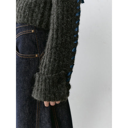 Via Pitti Heavy Big Lapel Ribbon Knit Cardigan Dark Grey