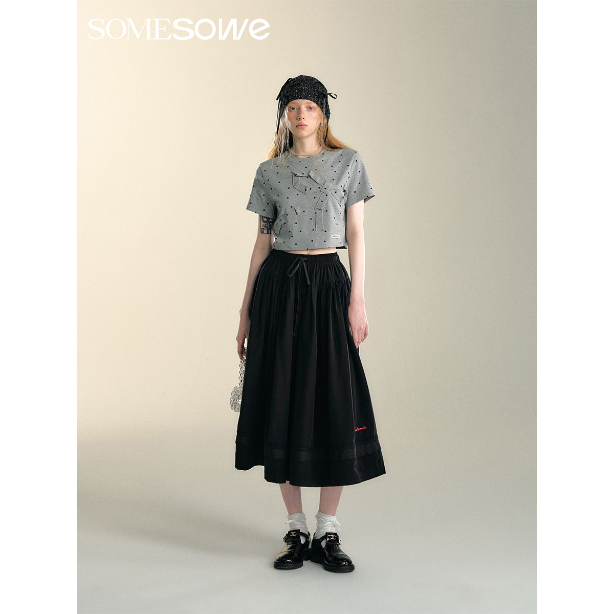 SomeSowe Lace Patchwork Casual Umbrella Skirt Black