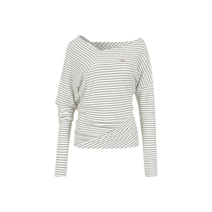 Via Pitti Irregular Striped Off-Shoulder Slim Top White