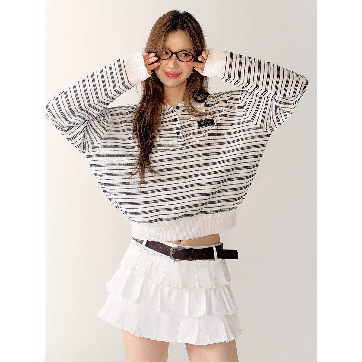 AsGony Contrast Color Striped L/S Polo T-Shirt