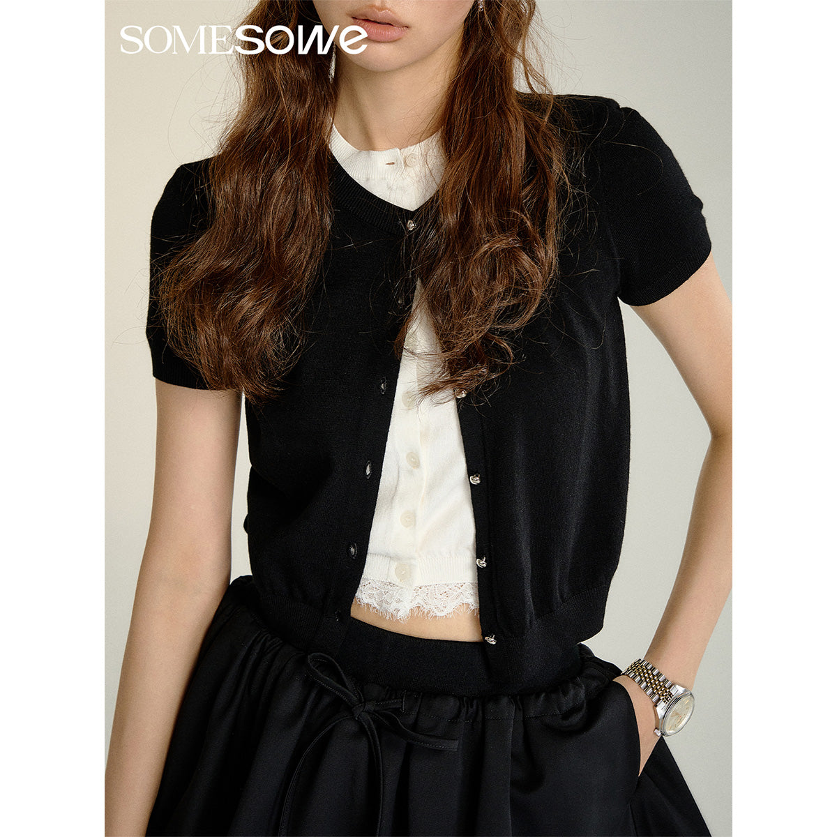 SomeSowe Folded Fake-2-Piece Knit Cardigan Black