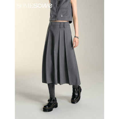 SomeSowe Asymmetrical Pleated Long Skirt Grey