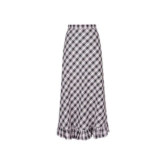 Kroche Wrinkle Hem High Waist Plaid Long Skirt