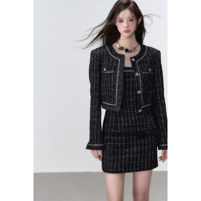 Via Pitti Jacquard Metal Button Tweed Jacket Black