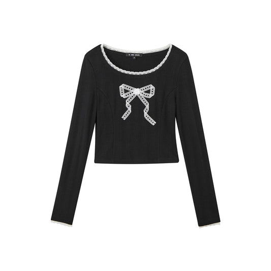 SomeSowe Lace Bow Splice Long Sleeve T-Shirt