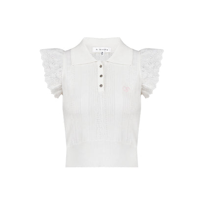 Kroche Lace Patchwork Embroidery Knit Top White