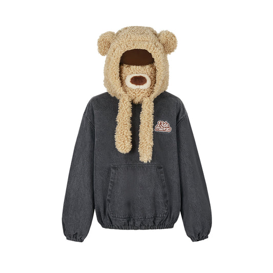 13De Marzo Detachable Bear Mask Padded Hoodie Black