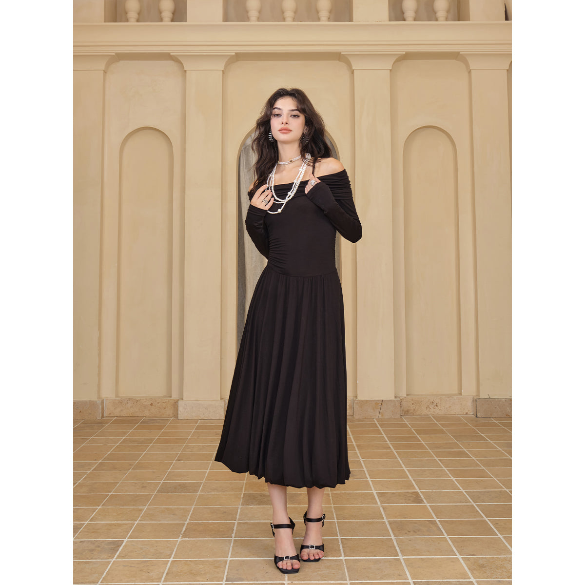 Diana Vevina 3D Rose Off-Shoulder Dress Black