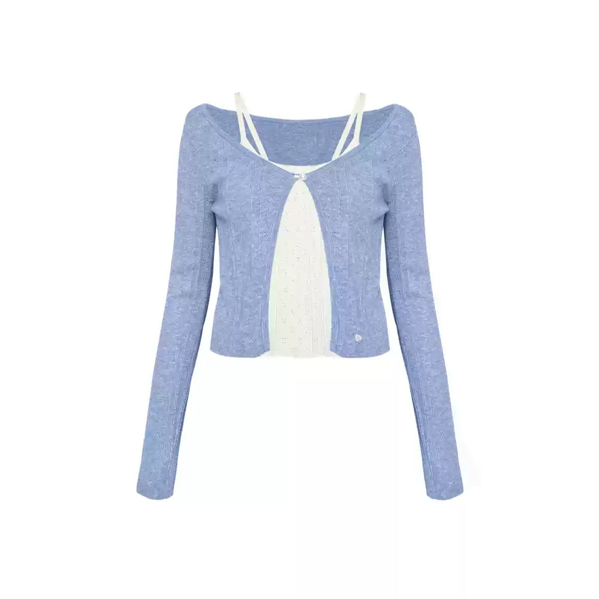 AsGony Contrast Color Fake-2-Piece Slim Cardigan Blue