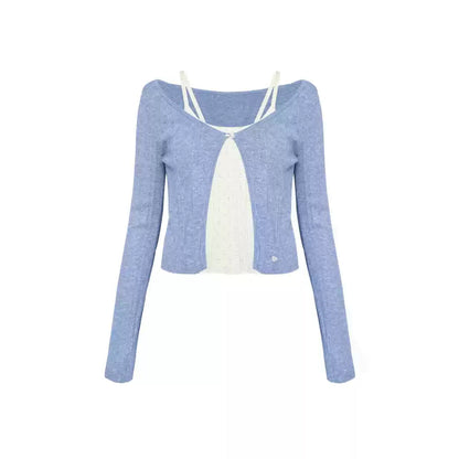 AsGony Contrast Color Fake-2-Piece Slim Cardigan Blue