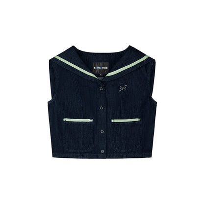 SomeSowe Contrast Color Sailor Collar Denim Top