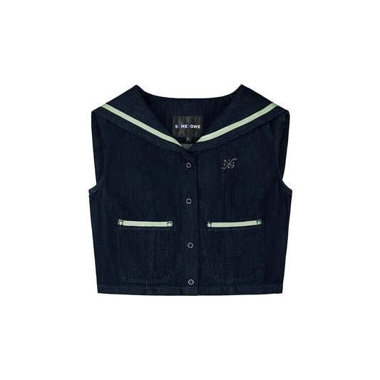 SomeSowe Contrast Color Sailor Collar Denim Top