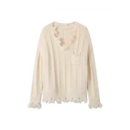 SomeSowe Destroy Faux Mink V-Neck Sweater White