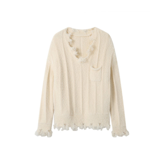 SomeSowe Destroy Faux Mink V-Neck Sweater White