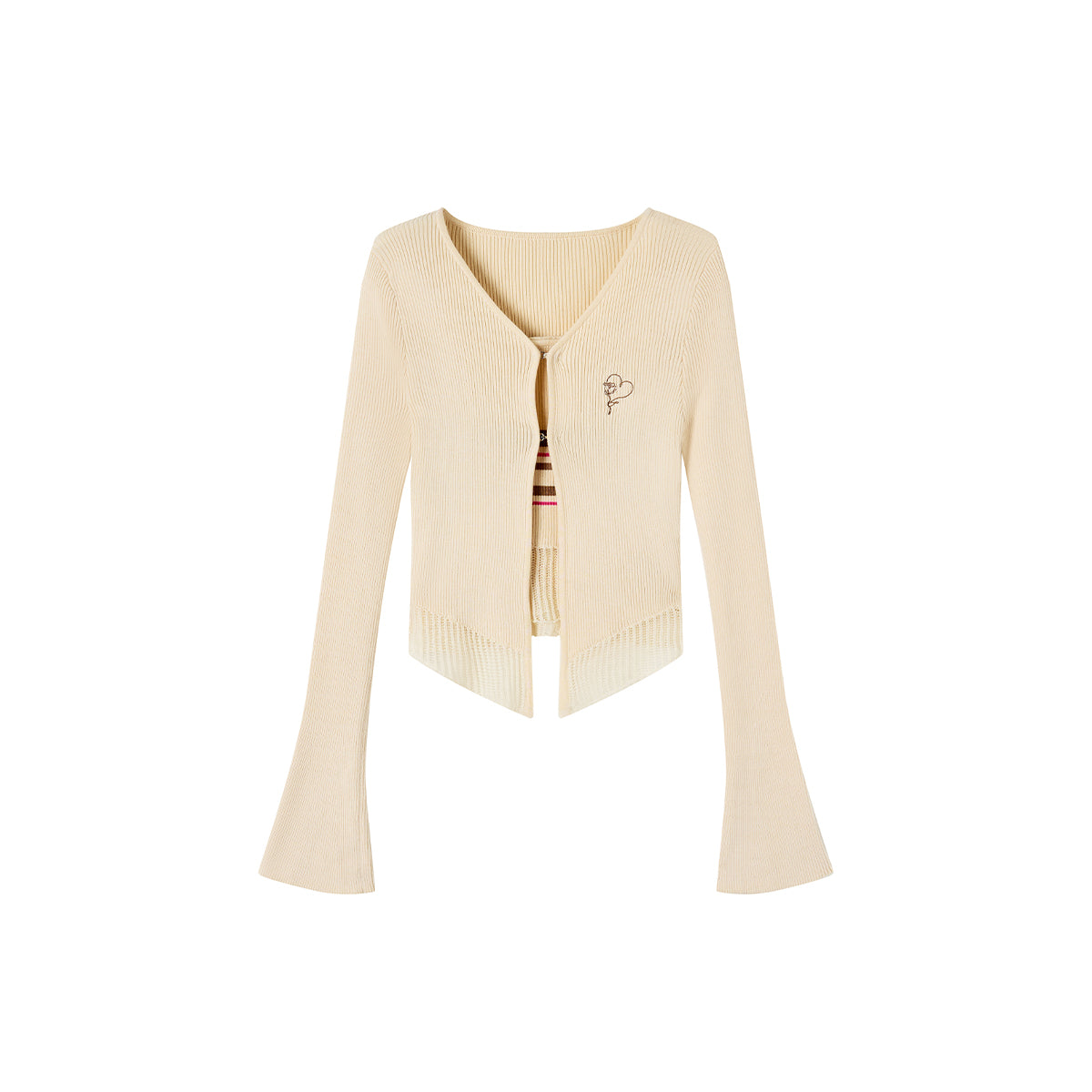 Via Pitti Striped Vest & Logo Embroidery Cardigan Set Beige