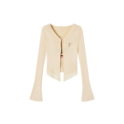 Via Pitti Striped Vest & Logo Embroidery Cardigan Set Beige