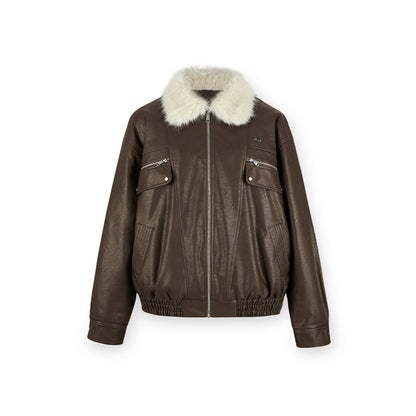 NotAwear Vintage Fur Collar Leather Jacket Khaki