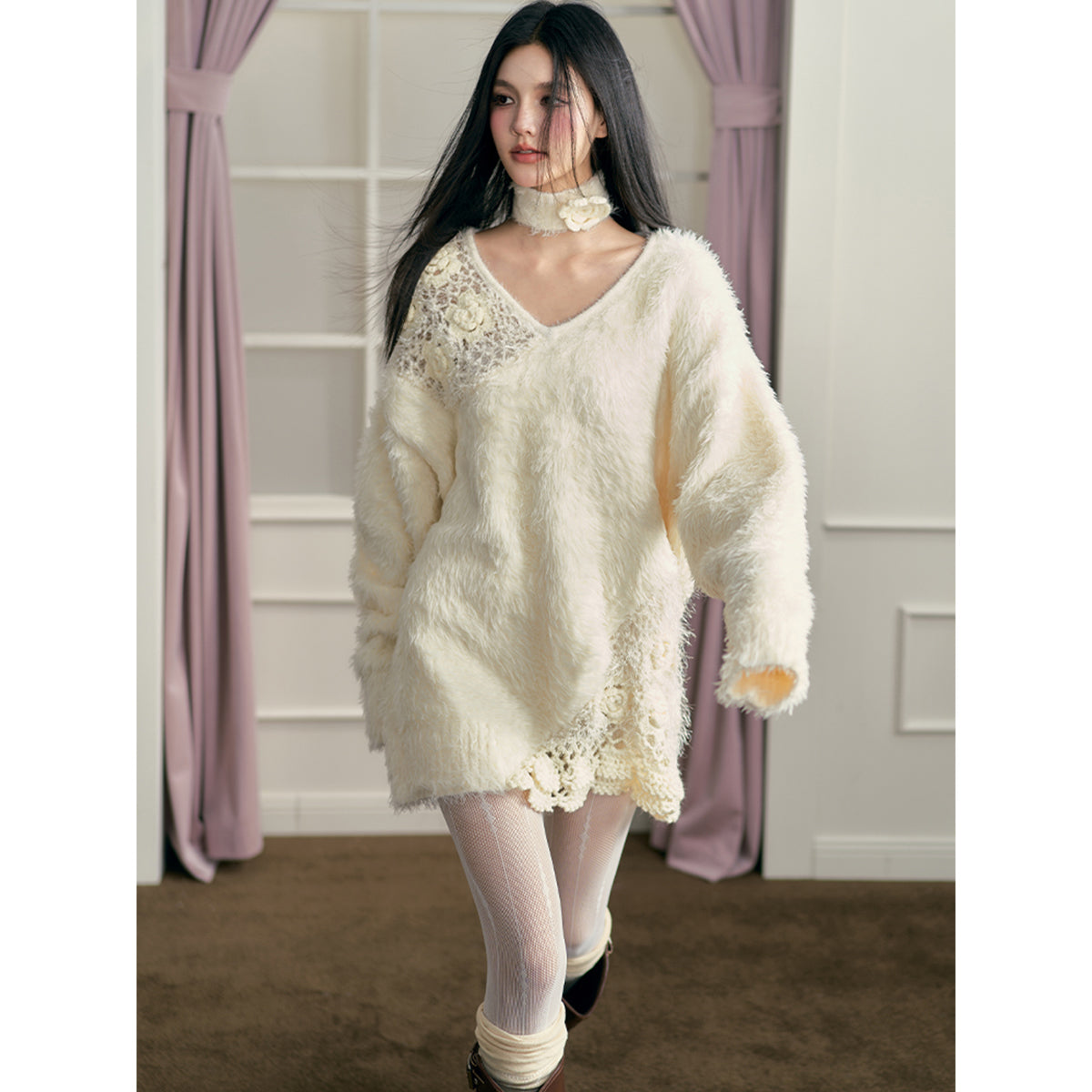 AGAM Super Soft V-Neck Crochet Sweater