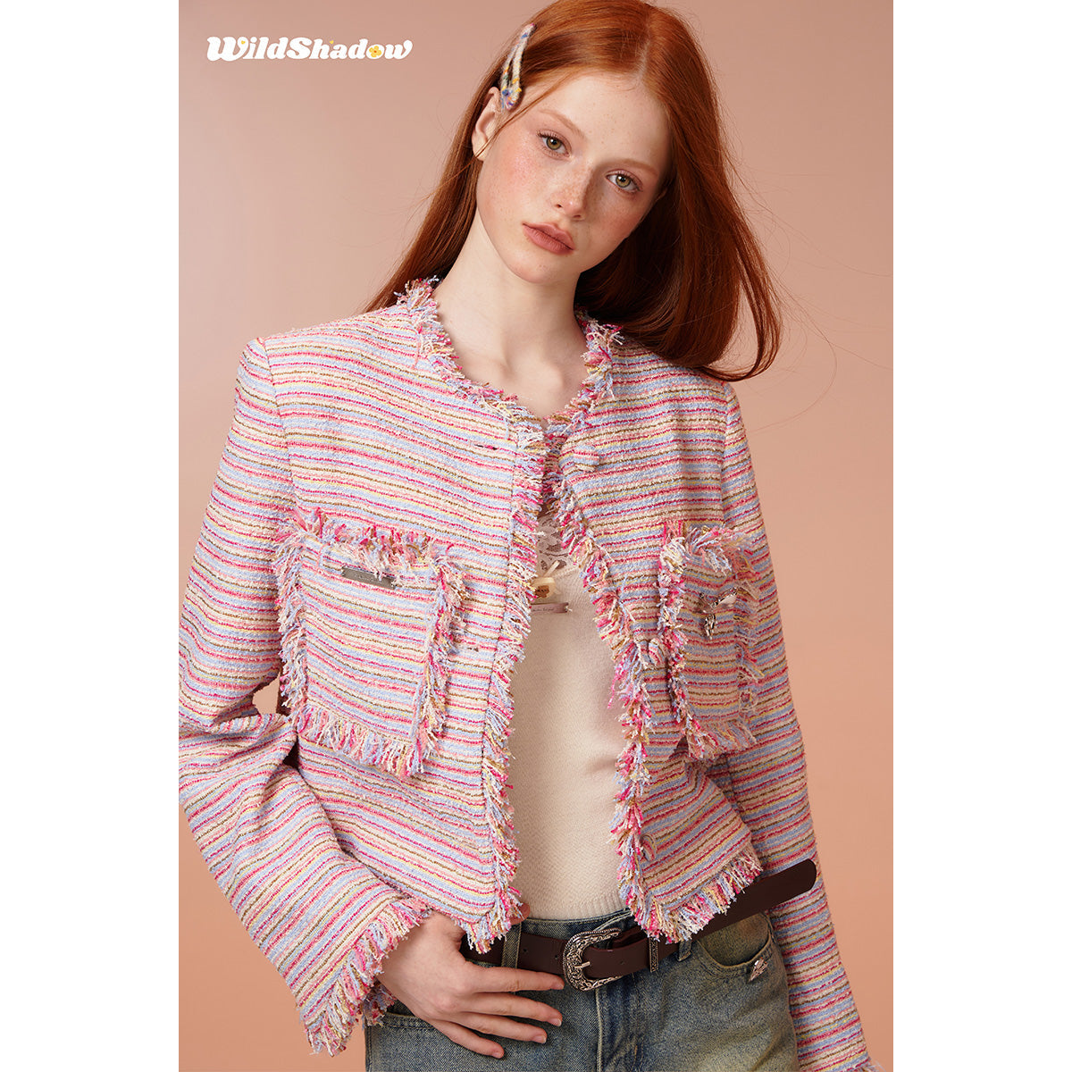 Wildshadow Tassel Colorful Striped Tweed Jacket Pink