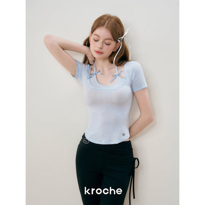 Kroche Fake-2-Piece Halter Bow Short Sleeve Tee Blue