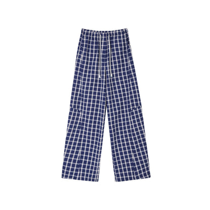 SomeSowe Drawstring Plaid Wide-Leg Pants Blue