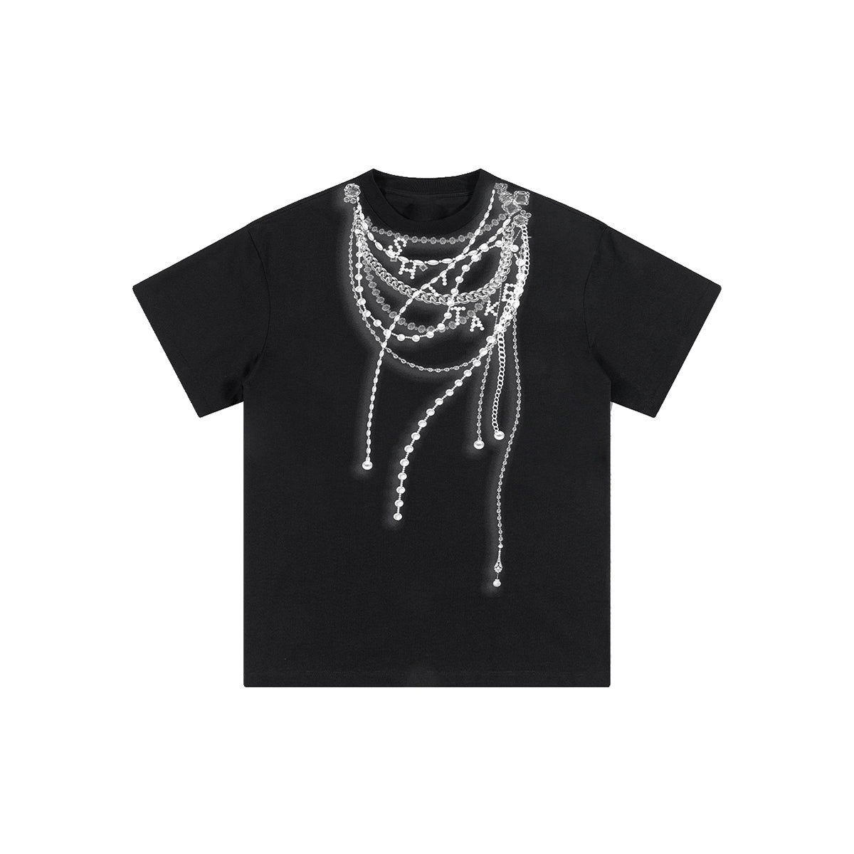 Shiitake 3D Pearl Chain Printed T-Shirt Black