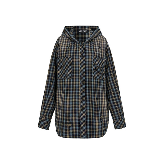 Via Pitti Heavy Washed Distressed Hooded Plaid Shirt