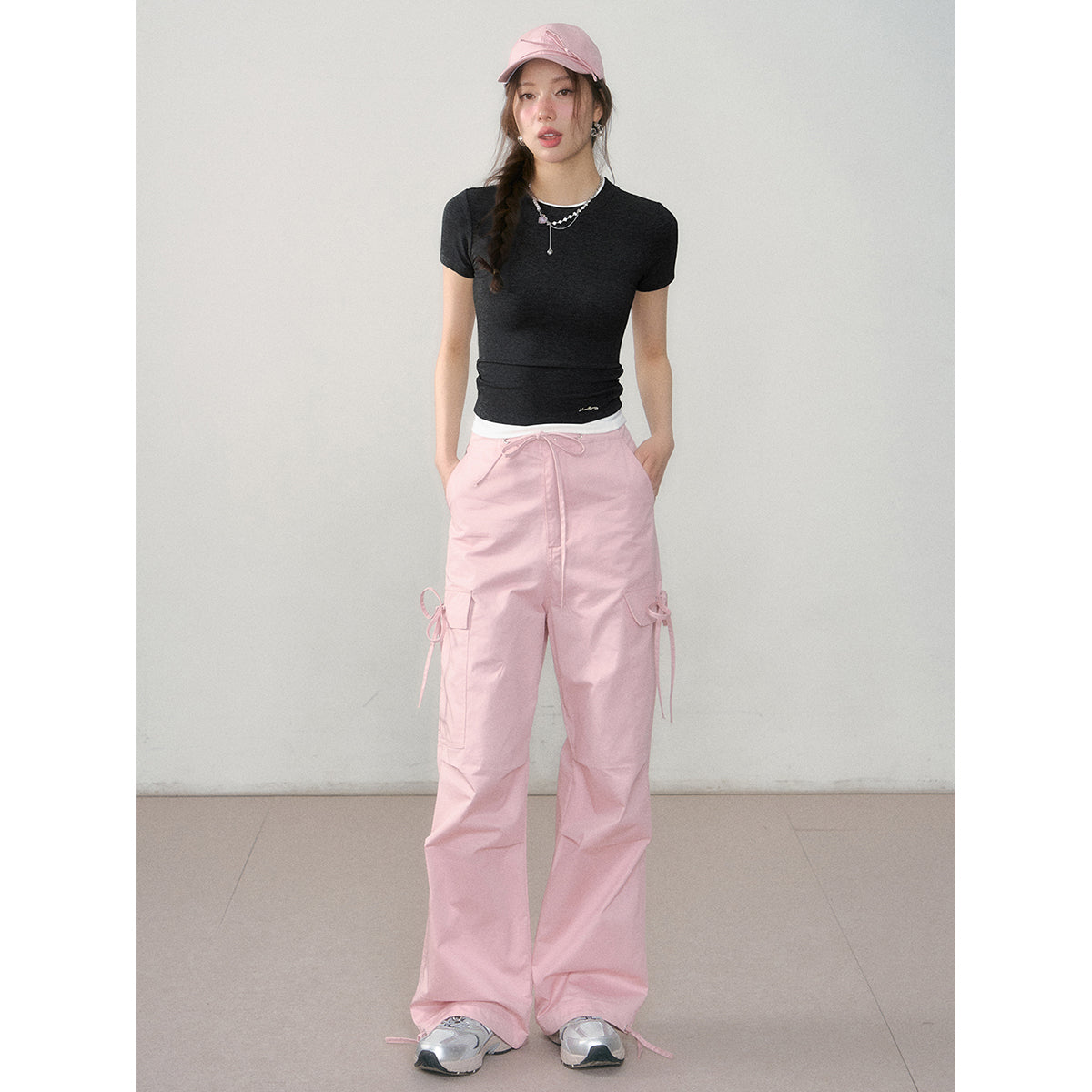 AsGony Thin Loose Straight Wide-Leg Cargo Pants Pink