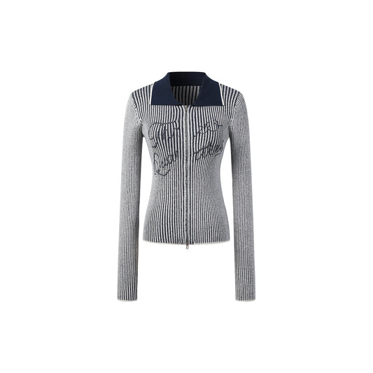 Three Quarters Polo Collar Striped Zipper Knit Top