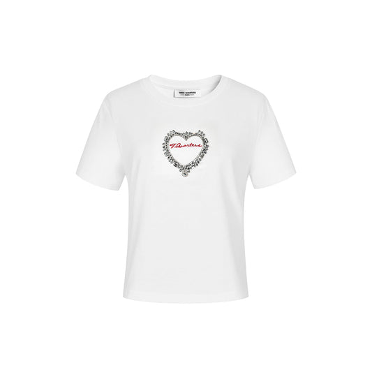 Three Quarters Logo Embroidery Rhinestone Heart Tee White