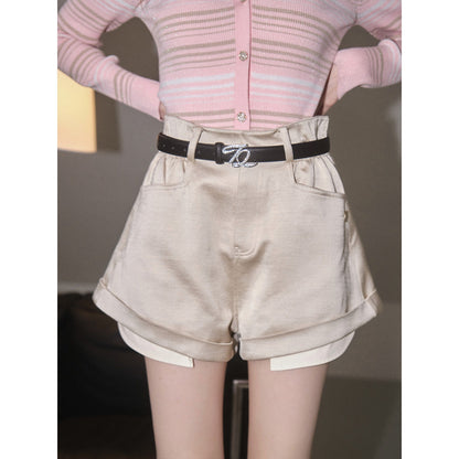 Three Quarters Acetate Satin Shorts Khaki