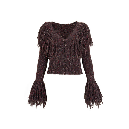 Via Pitti Heavy Tassel Knit Cardigan Dark Brown