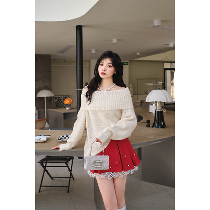 Three Quarters Woolen Off-Shoulder Sweater Cream