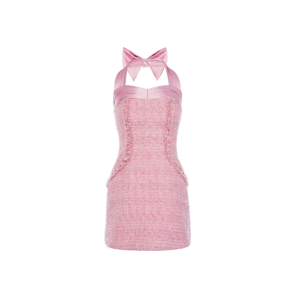 Rocha Roma Beaded Tweed Halterneck Dress Pink