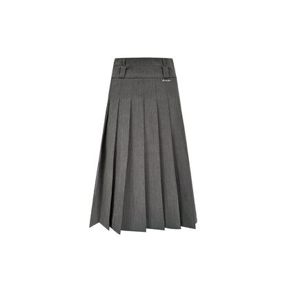 Kroche Double Waistline Pleated Long Skirt Grey