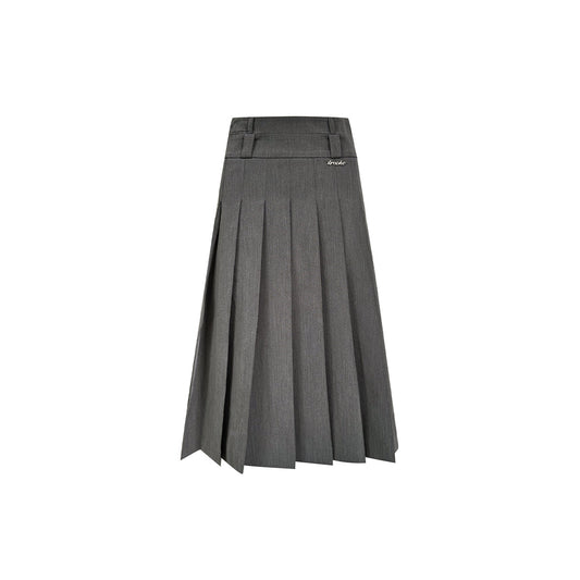 Kroche Double Waistline Pleated Long Skirt Grey