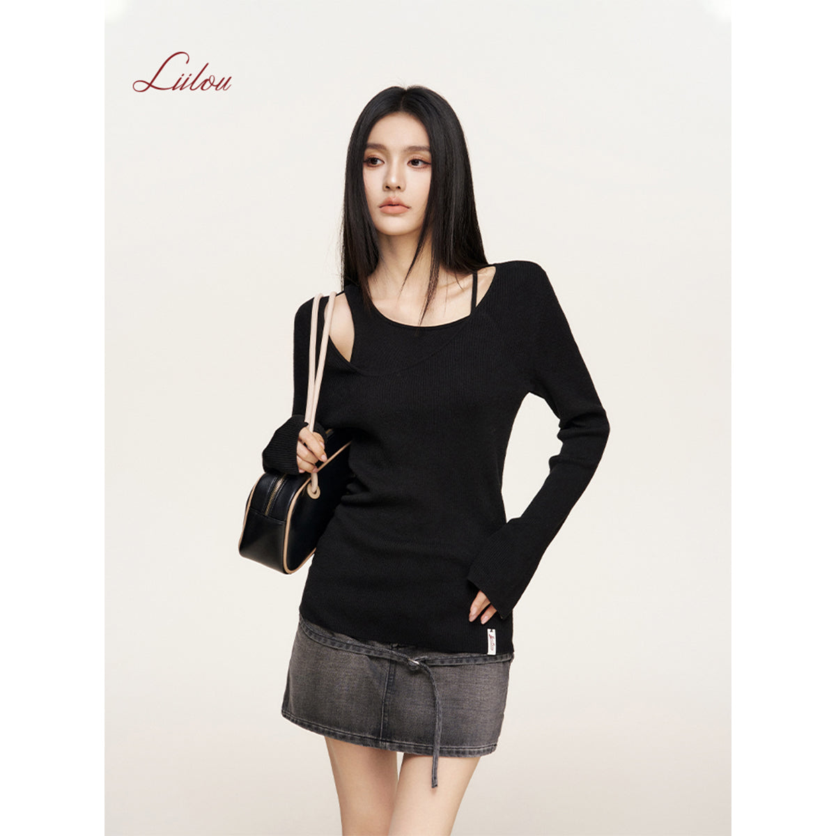 Liilou Fake-2-Piece Irregular Off-Shoulder Knit Top Black