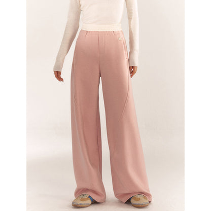 AsGony Contrast Color Elastic-Waist Casual Pants Pink