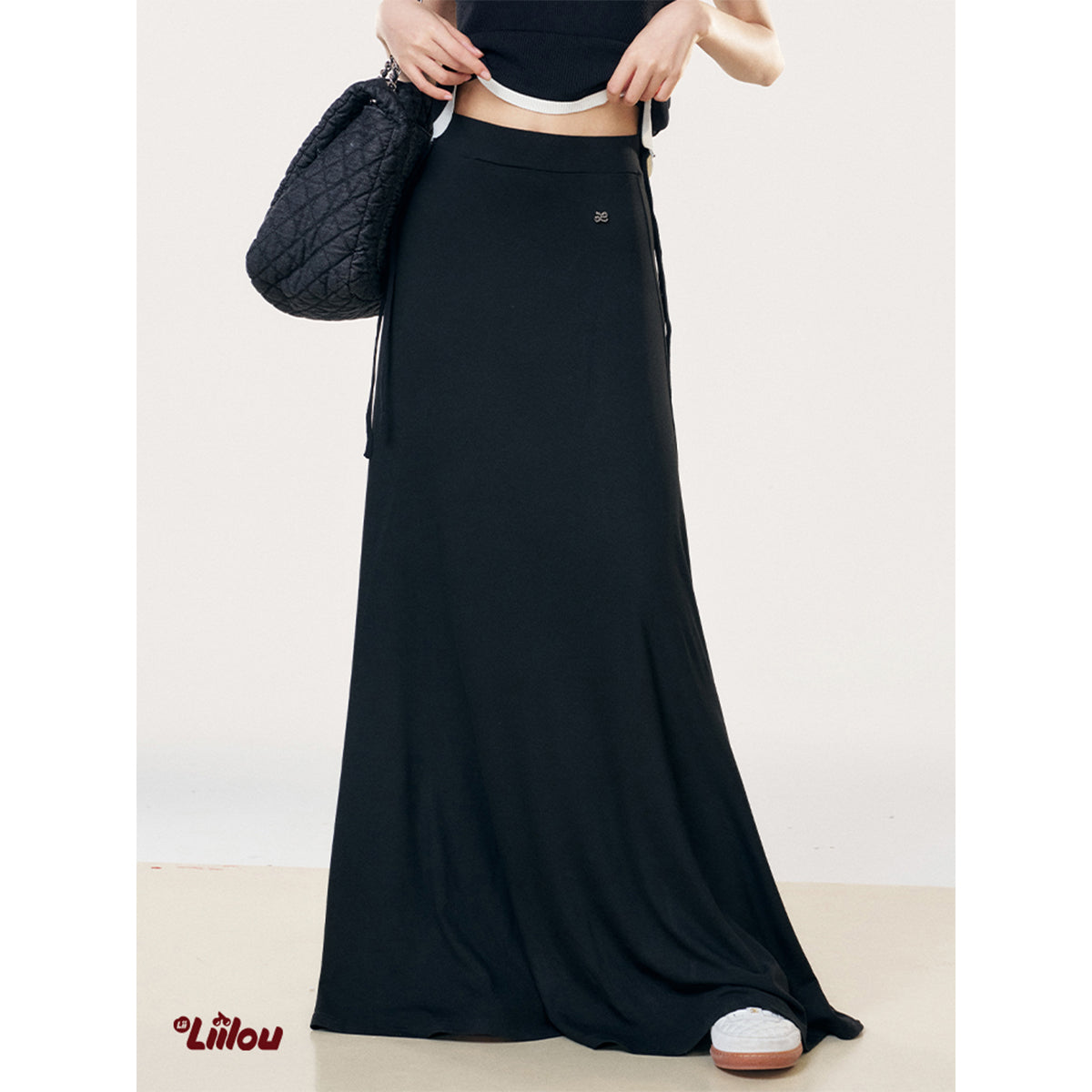 Liilou Draped High Waist A-Line Casual Long Skirt