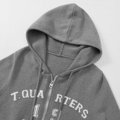 Three Quarters Letter Embroidery Hooded Jacket Grey