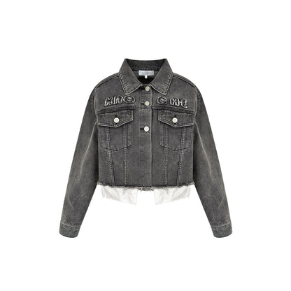 Kroche Destroy Logo Embroidery Short Denim Jacket Grey