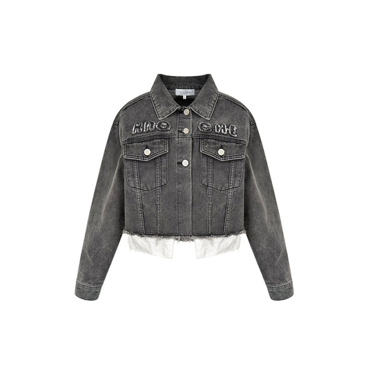 Kroche Destroy Logo Embroidery Short Denim Jacket Grey