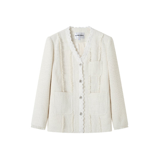 SomeSowe Lace Edge V-Neck Tassel Blazer White