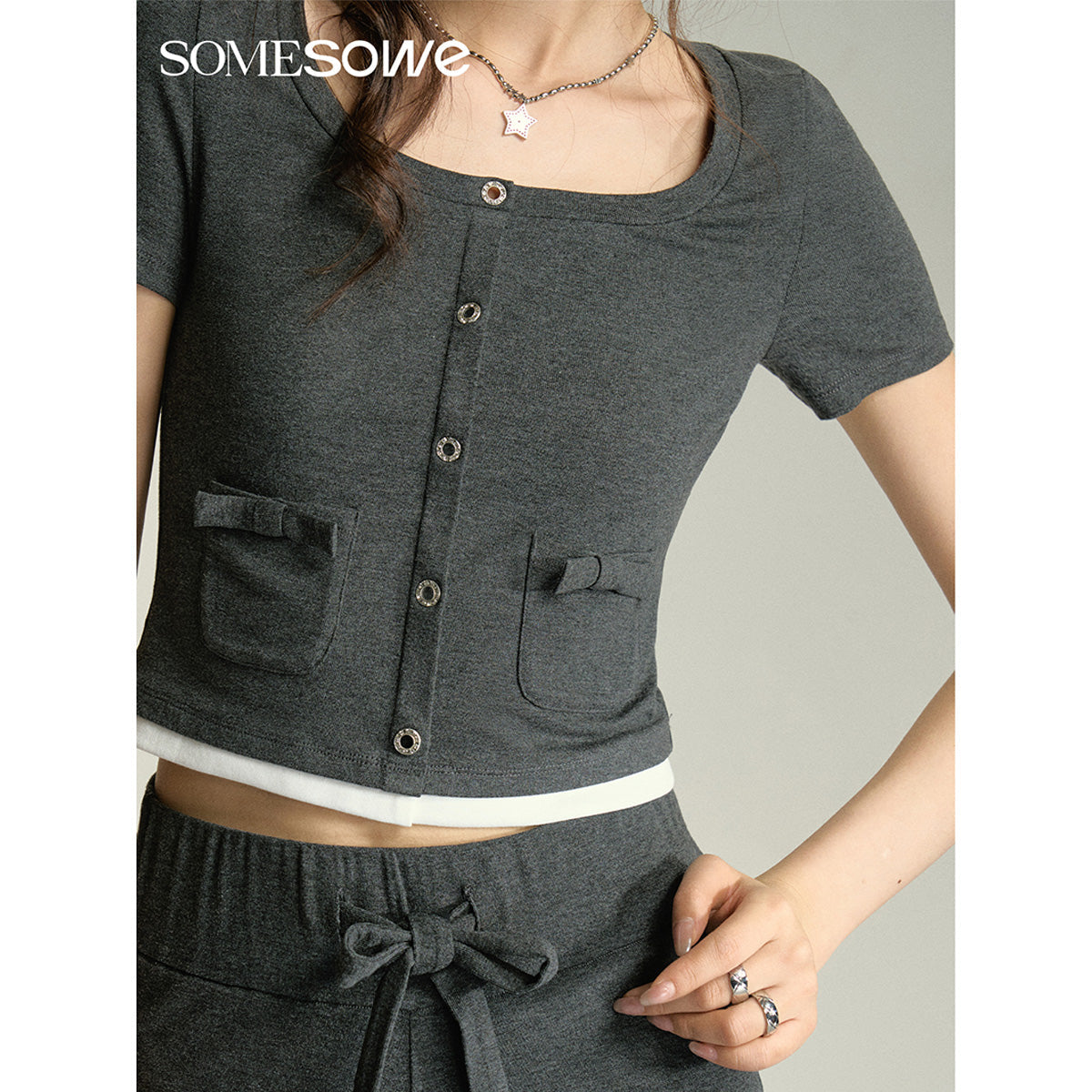 SomeSowe Bow Pockets Slim Fit Top Grey