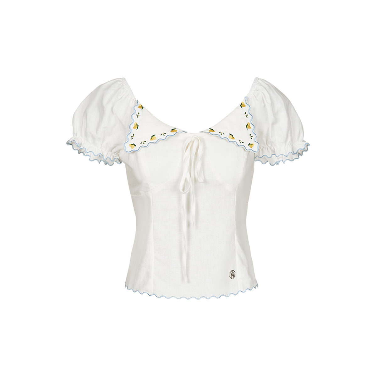 Kroche Lemon Embroidery Lace Up Shirt Top White