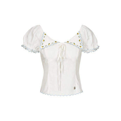 Kroche Lemon Embroidery Lace Up Shirt Top White