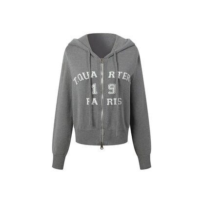 Three Quarters Letter Embroidery Hooded Jacket Grey