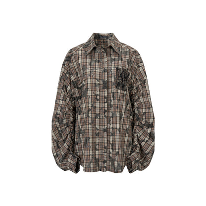 Via Pitti Heavy Plaid Patchwork Loose Shirt Khaki