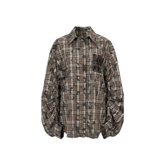 Via Pitti Heavy Plaid Patchwork Loose Shirt Khaki